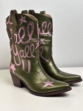 HOCHFART Olive Metallic with Pink "Y'all" Embroidery Cowgirl Boots/Mid-Calf (8)